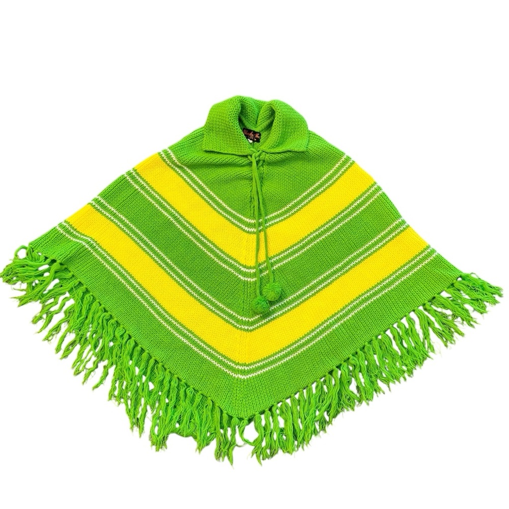 70s Vintage Green and Yellow Chevron Print Knit Swewater Lace up Poncho - L
